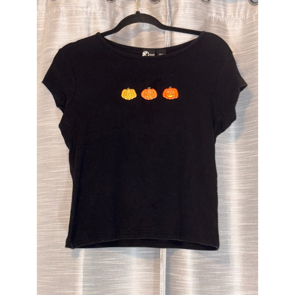 Halloween Pumpkin Crop Top Shirt Womens Sz M Black Jack O Latern Fall Spooky